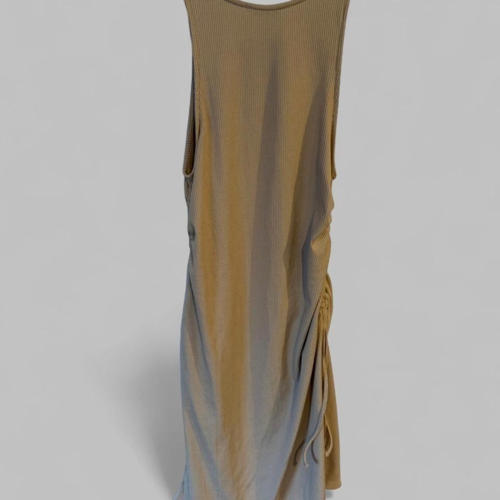 Zara Tan Ribbed Ruched Side Midi Dress Womens Size Medium Sleeveless Beige